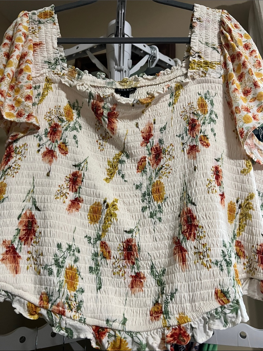 torrid Cream Smocked Crop Top with Yellow & Red Floral Print